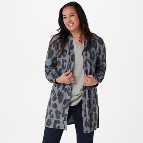 NWT SUSAN GRAVER BLUE LEOPARD ANIMAL PRINT GLITTER OVERSIZED CARDIGAN SWEATER XS - Picture 2 of 4